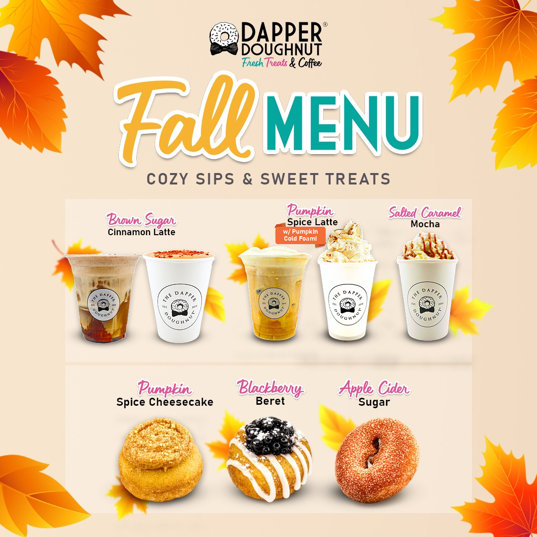 Fall Menu — Apple Cider Sugar, Blackberry Beret and Pumpkin Spice Cheesecake doughnuts with seasonal lattes
