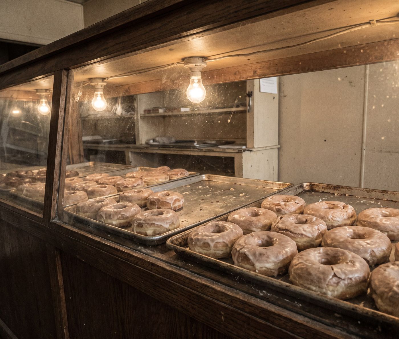 An ordinary bakery display case with rows of doughnuts waiting under glass